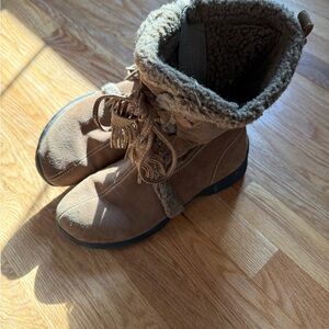 Lands' End Brown Suede Lace-Up Winter Boots with Faux Shearling Cuff